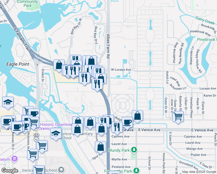 map of restaurants, bars, coffee shops, grocery stores, and more near 425 Albee Farm Road in Venice