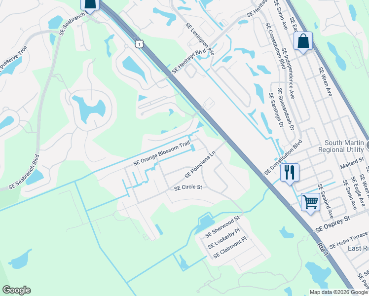 map of restaurants, bars, coffee shops, grocery stores, and more near 6174 Southeast Orange Blossom Trail in Hobe Sound