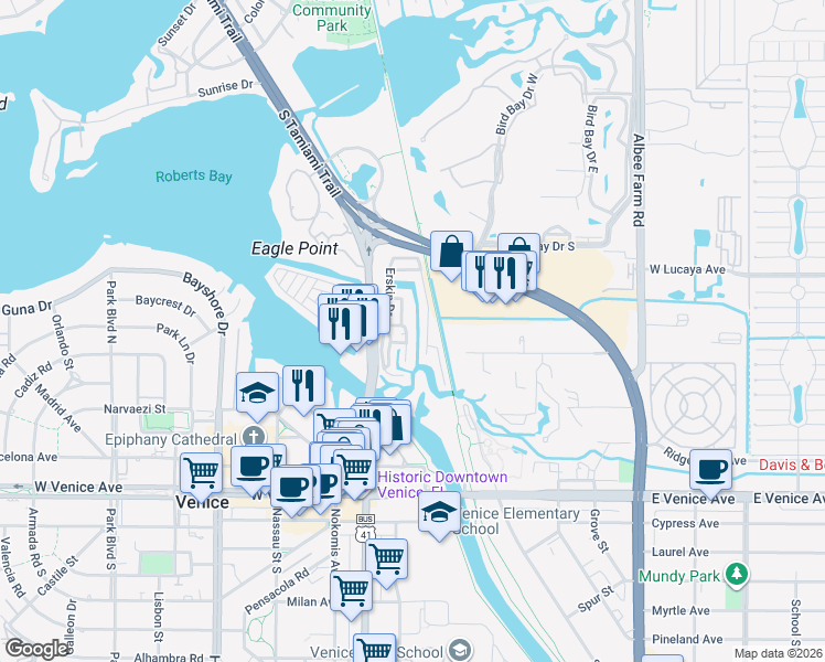 map of restaurants, bars, coffee shops, grocery stores, and more near 165 Morning Star Place in Venice