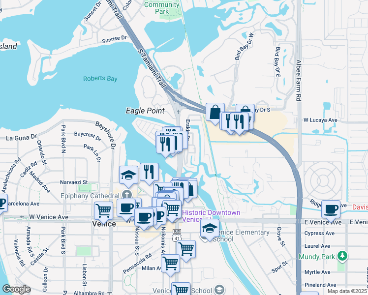 map of restaurants, bars, coffee shops, grocery stores, and more near 165 Morning Star Place in Venice