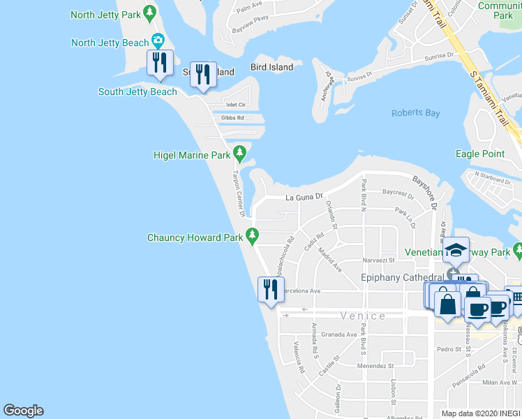 map of restaurants, bars, coffee shops, grocery stores, and more near 845 Higel Drive in Venice