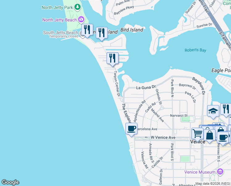 map of restaurants, bars, coffee shops, grocery stores, and more near 880 Tarpon Center Drive in Venice