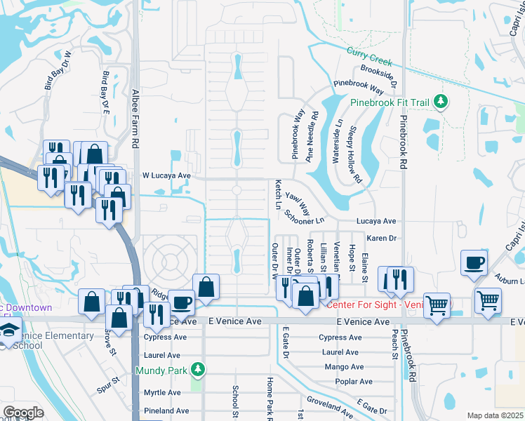 map of restaurants, bars, coffee shops, grocery stores, and more near 986 Inagua Avenue East in Venice