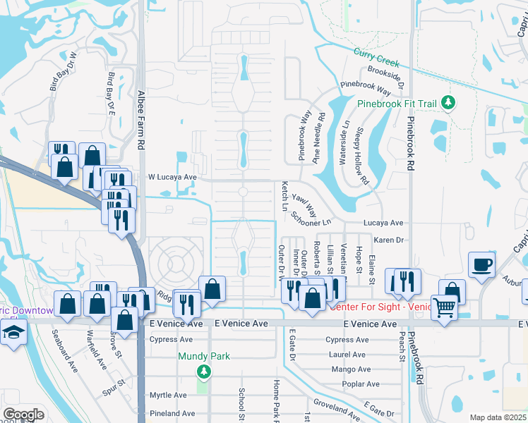 map of restaurants, bars, coffee shops, grocery stores, and more near 986 Inagua Avenue East in Venice