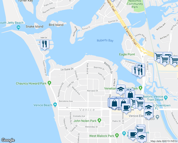 map of restaurants, bars, coffee shops, grocery stores, and more near 400 Park Boulevard North in Venice