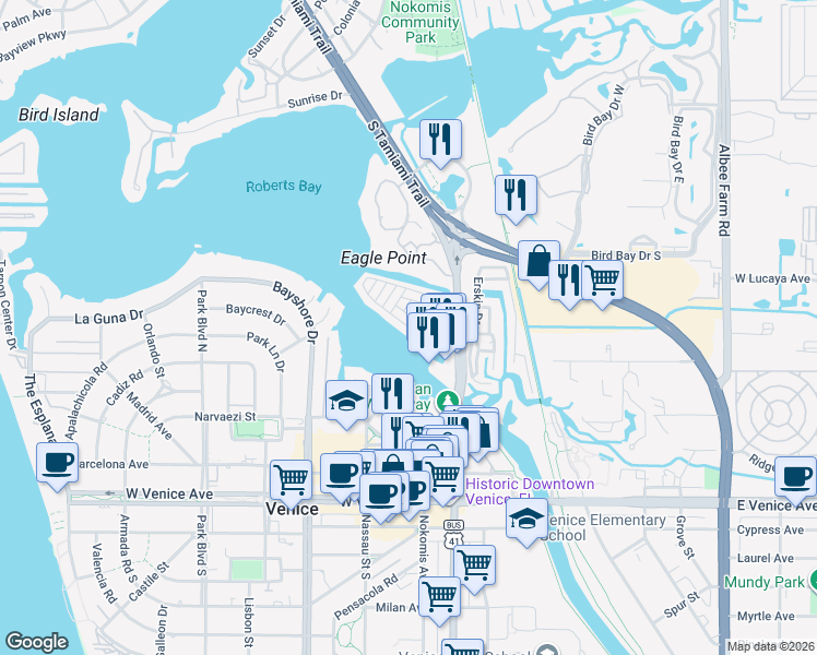 map of restaurants, bars, coffee shops, grocery stores, and more near 112 Park Boulevard North in Venice