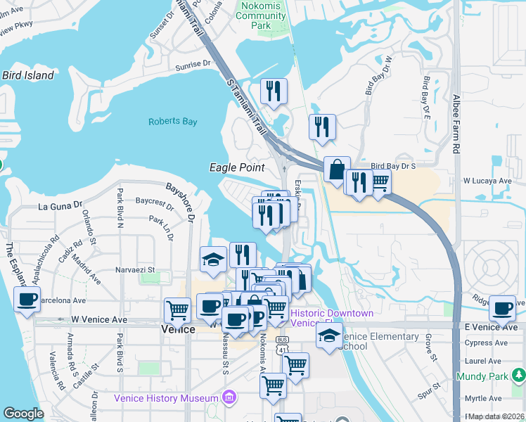 map of restaurants, bars, coffee shops, grocery stores, and more near 112 Park Boulevard North in Venice