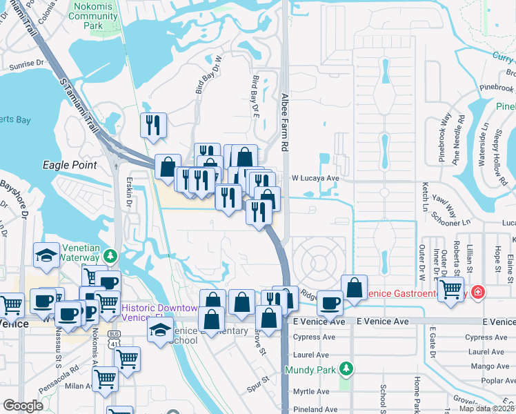 map of restaurants, bars, coffee shops, grocery stores, and more near 420 U.S. 41 Bypass North in Venice