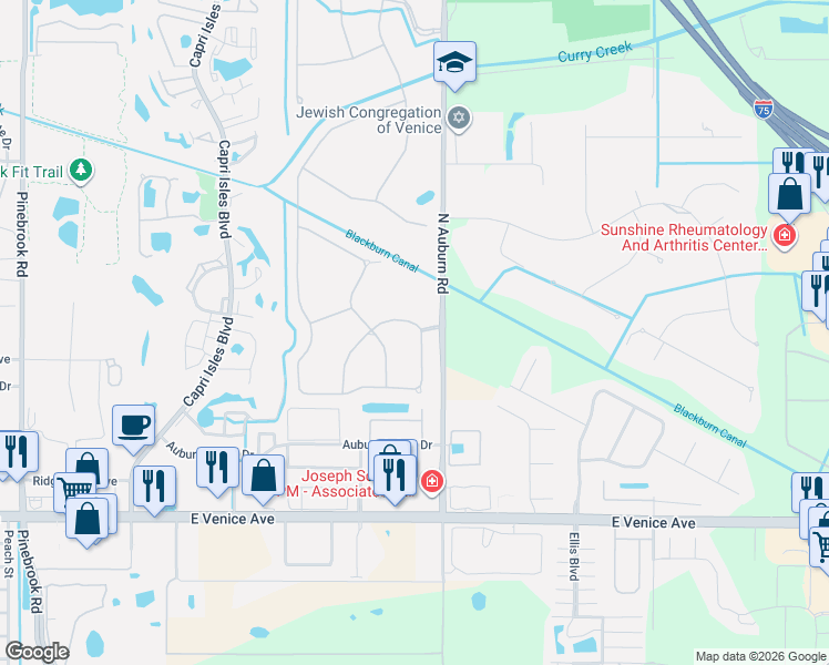 map of restaurants, bars, coffee shops, grocery stores, and more near 365 Turtleback Crossing in Venice