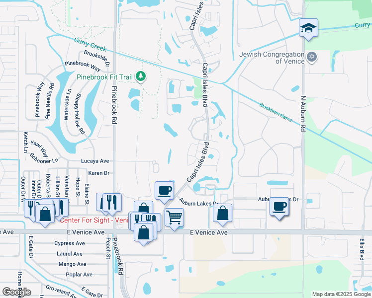 map of restaurants, bars, coffee shops, grocery stores, and more near 651 Ironwood Circle in Venice