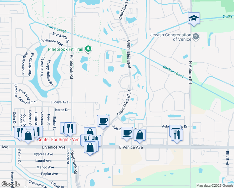 map of restaurants, bars, coffee shops, grocery stores, and more near 651 Ironwood Circle in Venice