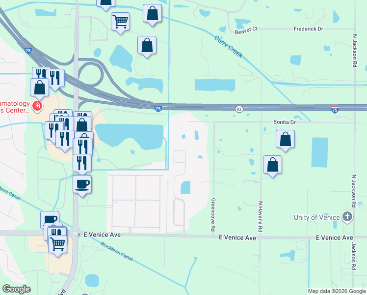 map of restaurants, bars, coffee shops, grocery stores, and more near 174 Wading Bird Drive in Venice