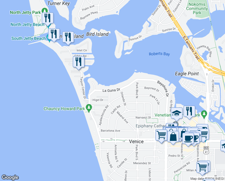 map of restaurants, bars, coffee shops, grocery stores, and more near 714 Laguna Drive in Venice