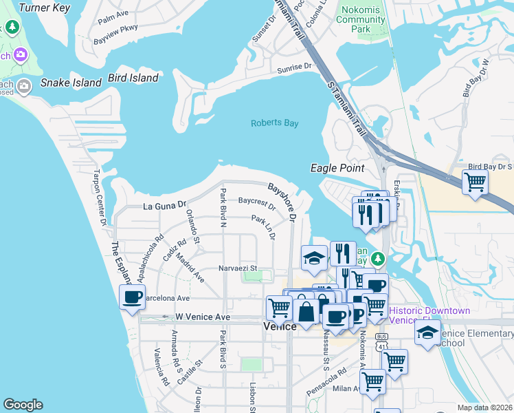 map of restaurants, bars, coffee shops, grocery stores, and more near 417 Baycrest Drive in Venice