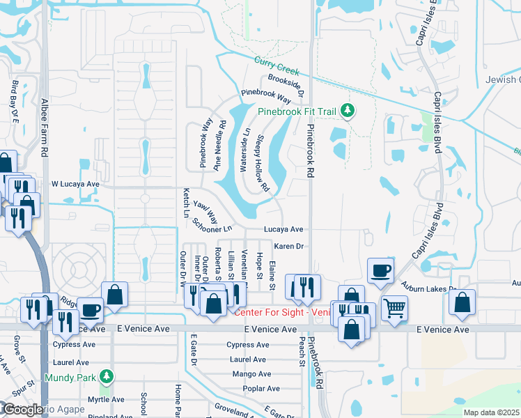 map of restaurants, bars, coffee shops, grocery stores, and more near 1145 Sleepy Hollow Court in Venice