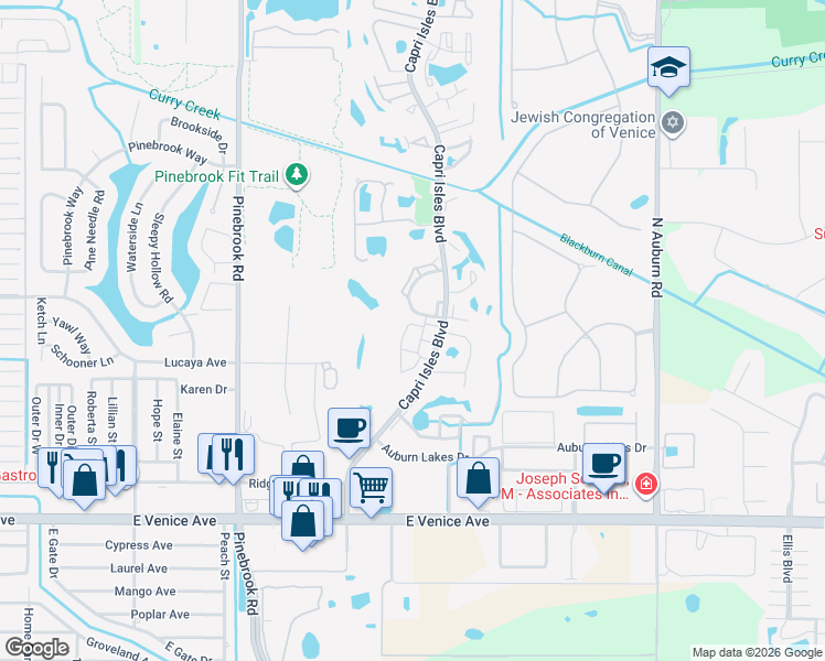 map of restaurants, bars, coffee shops, grocery stores, and more near 677 Ironwood Circle in Venice