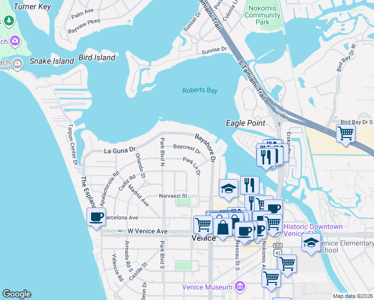 map of restaurants, bars, coffee shops, grocery stores, and more near 417 Baycrest Drive in Venice