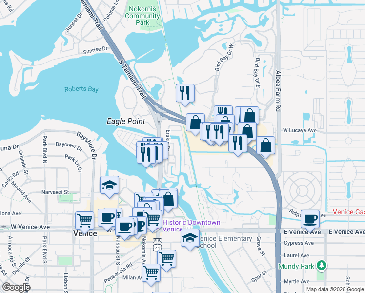 map of restaurants, bars, coffee shops, grocery stores, and more near 581 U.S. 41 in Venice