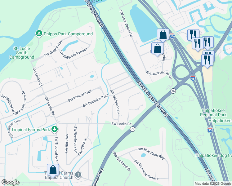 map of restaurants, bars, coffee shops, grocery stores, and more near 1287 Southwest Buckskin Trail in Stuart