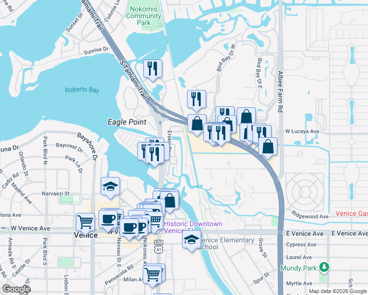 map of restaurants, bars, coffee shops, grocery stores, and more near 581 U.S. 41 in Venice