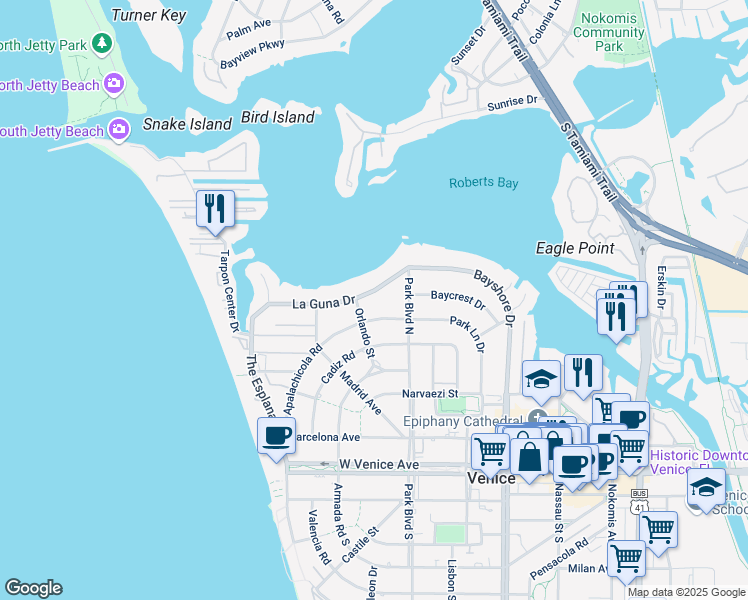 map of restaurants, bars, coffee shops, grocery stores, and more near 605 Laguna Drive in Venice