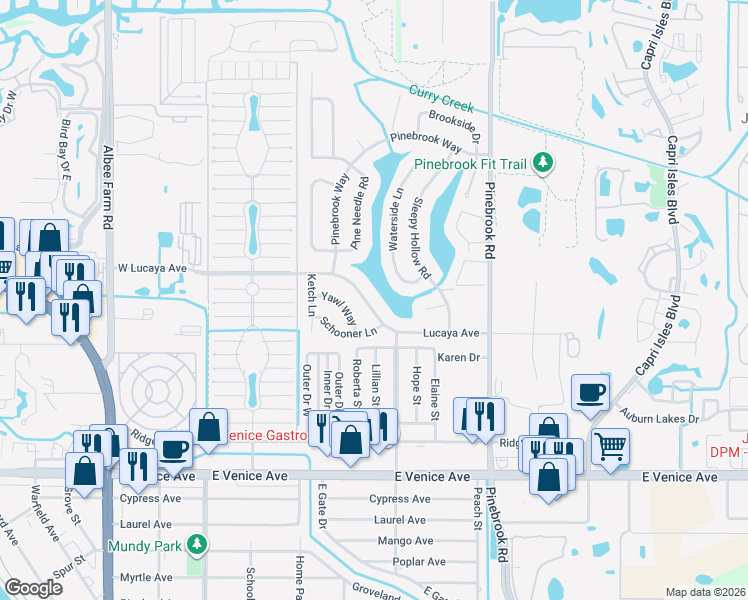 map of restaurants, bars, coffee shops, grocery stores, and more near 1234 Lucaya Avenue in Venice