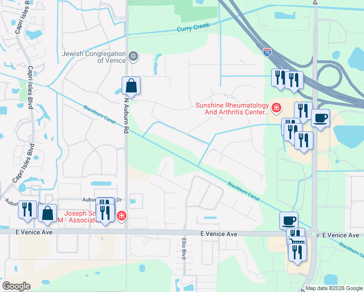 map of restaurants, bars, coffee shops, grocery stores, and more near 2506 Firetree Lane in Venice