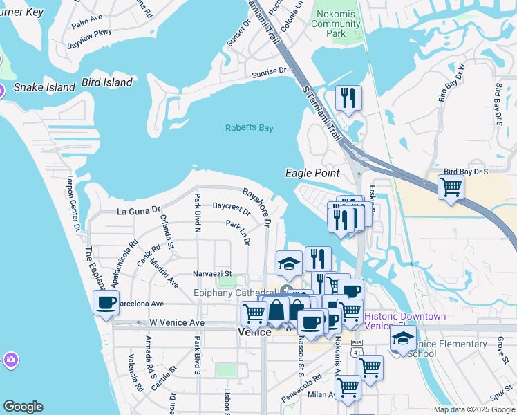 map of restaurants, bars, coffee shops, grocery stores, and more near 405 Bayshore Drive in Venice