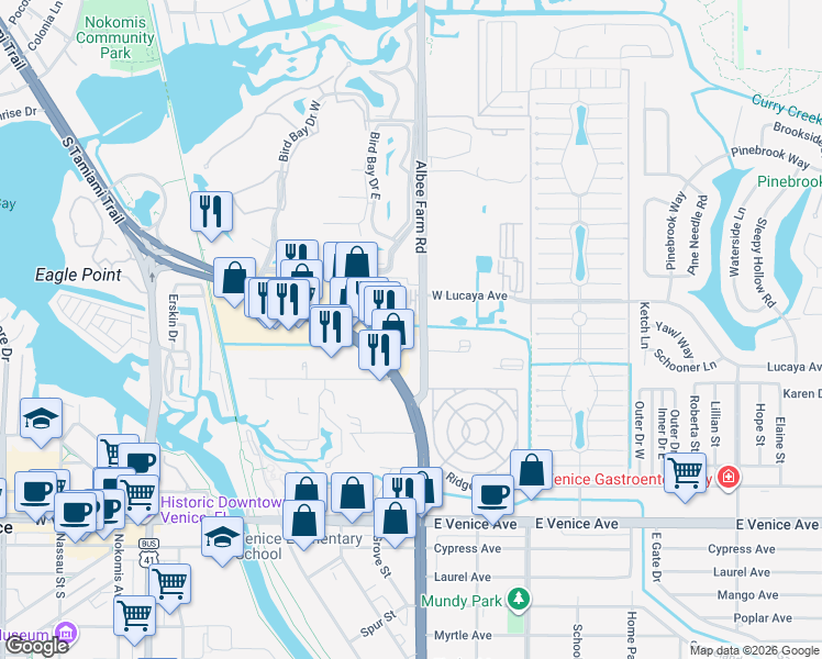 map of restaurants, bars, coffee shops, grocery stores, and more near 401 Johnson Lane in Venice