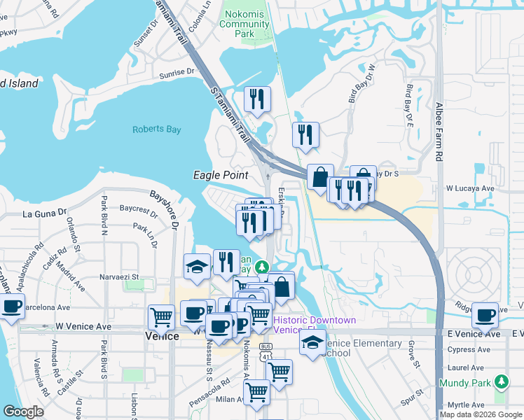 map of restaurants, bars, coffee shops, grocery stores, and more near 625 North Tamiami Trail in Venice