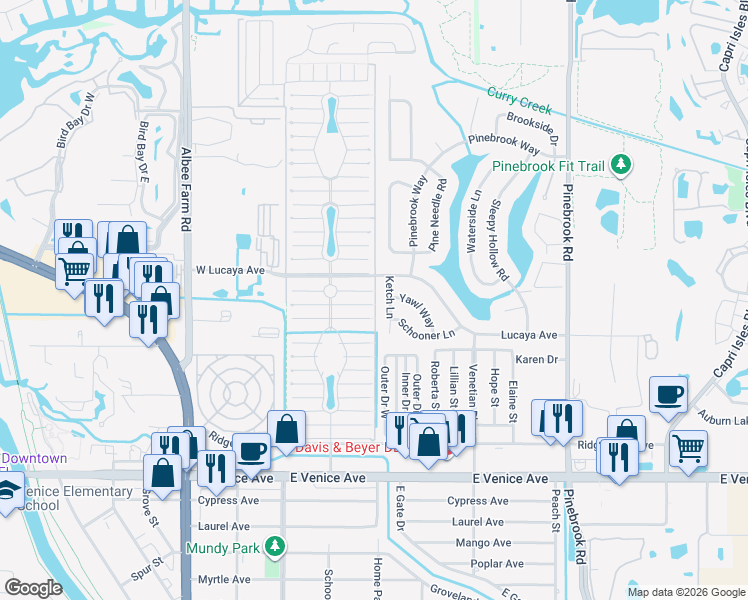 map of restaurants, bars, coffee shops, grocery stores, and more near 1143 Ketch Lane in Venice