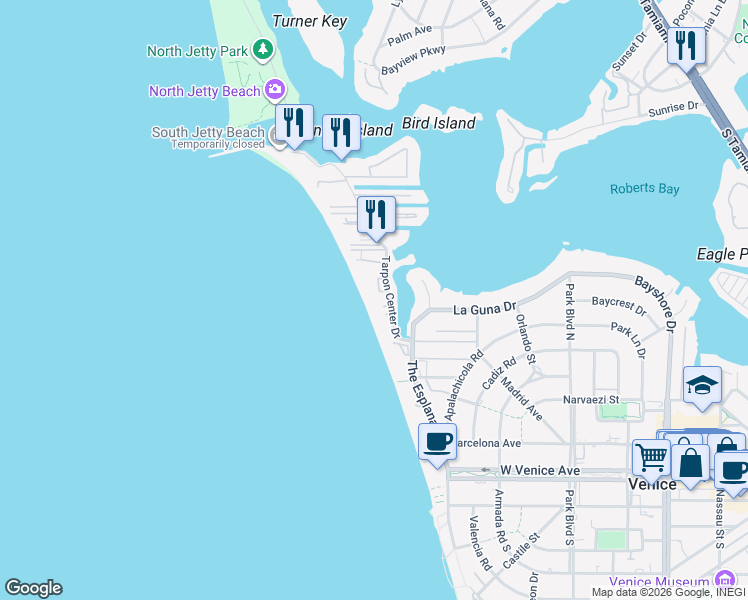 map of restaurants, bars, coffee shops, grocery stores, and more near 1050 Tarpon Center Drive in Venice