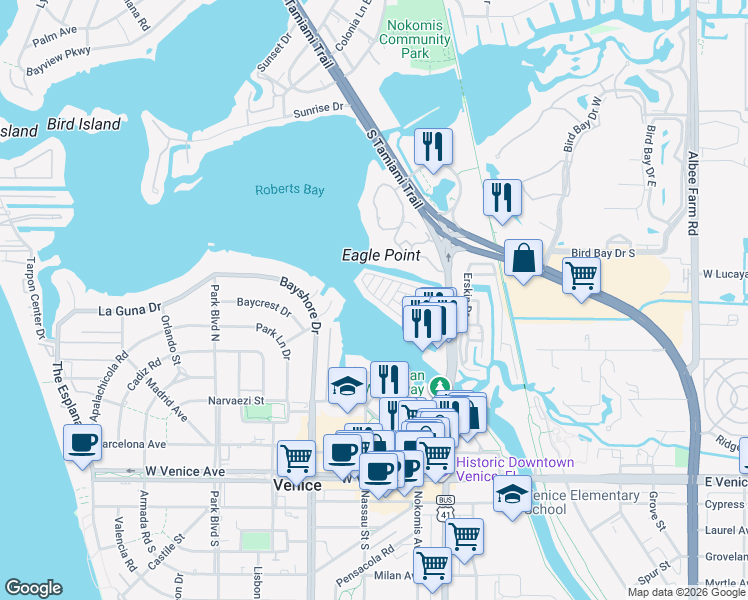 map of restaurants, bars, coffee shops, grocery stores, and more near 22 South Port Drive in Venice