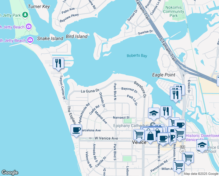 map of restaurants, bars, coffee shops, grocery stores, and more near 605 Laguna Drive in Venice