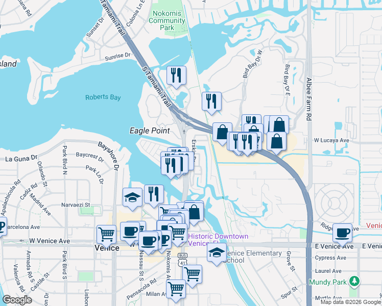 map of restaurants, bars, coffee shops, grocery stores, and more near 26 Erskin Drive in Venice