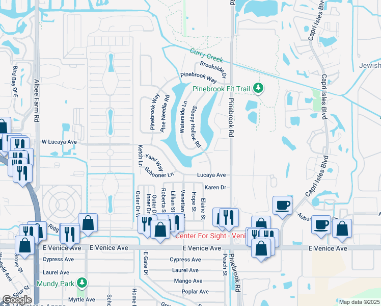 map of restaurants, bars, coffee shops, grocery stores, and more near 1145 Sleepy Hollow Court in Venice