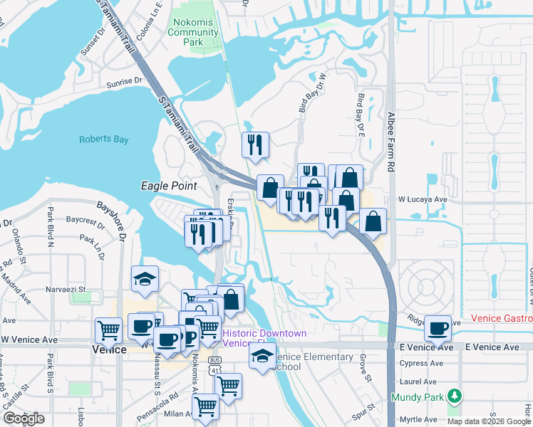 map of restaurants, bars, coffee shops, grocery stores, and more near 581 U.S. 41 in Venice