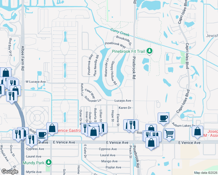 map of restaurants, bars, coffee shops, grocery stores, and more near 1145 Sleepy Hollow Court in Venice