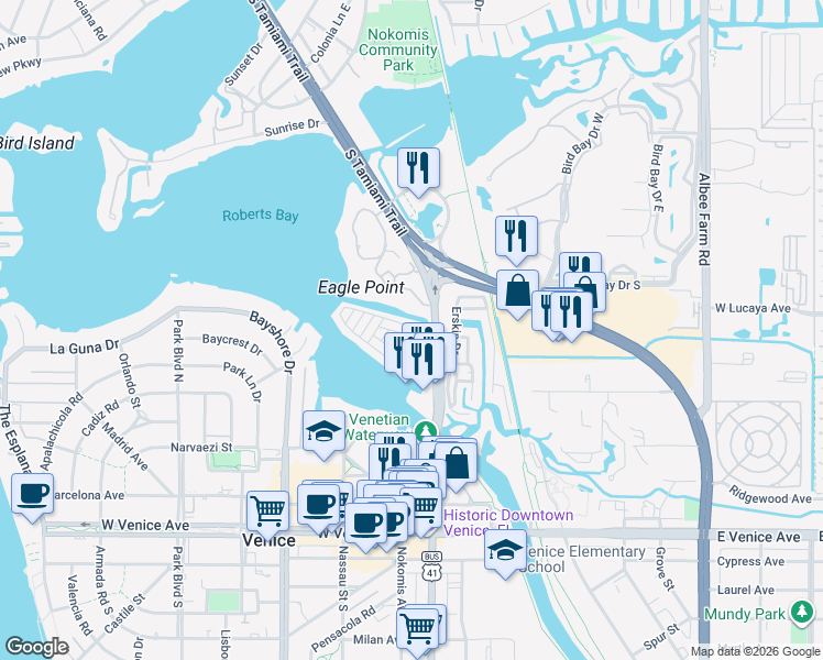 map of restaurants, bars, coffee shops, grocery stores, and more near 625 North Tamiami Trail in Venice