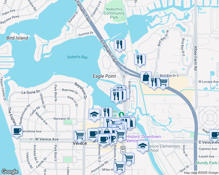 map of restaurants, bars, coffee shops, grocery stores, and more near 112 Park Boulevard North in Venice