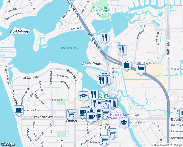 map of restaurants, bars, coffee shops, grocery stores, and more near 22 South Port Drive in Venice