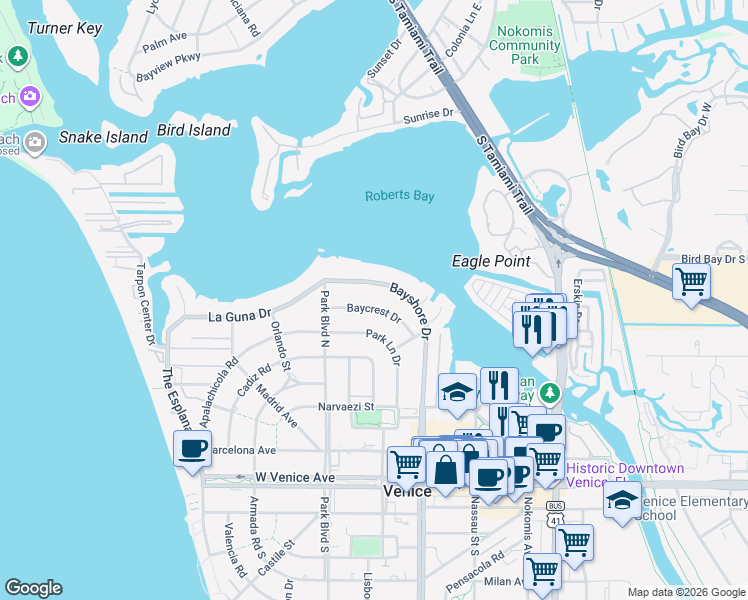 map of restaurants, bars, coffee shops, grocery stores, and more near 417 Baycrest Drive in Venice