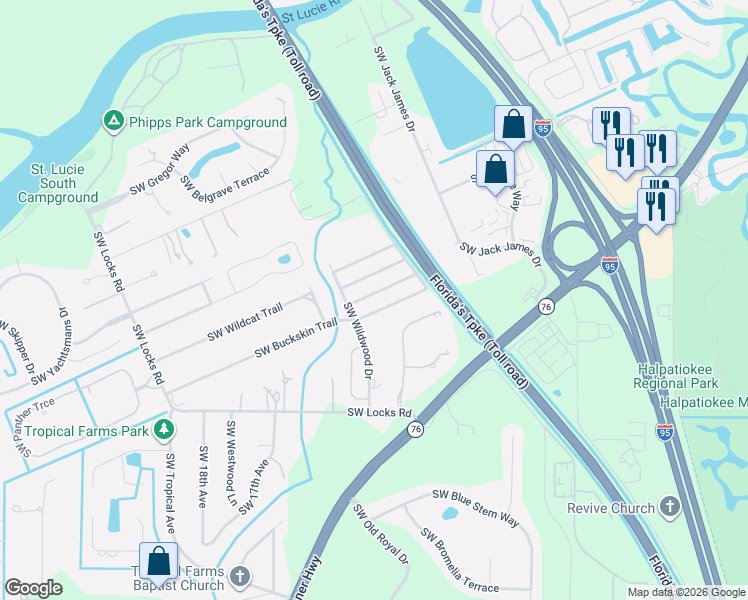 map of restaurants, bars, coffee shops, grocery stores, and more near 1287 Southwest Buckskin Trail in Stuart