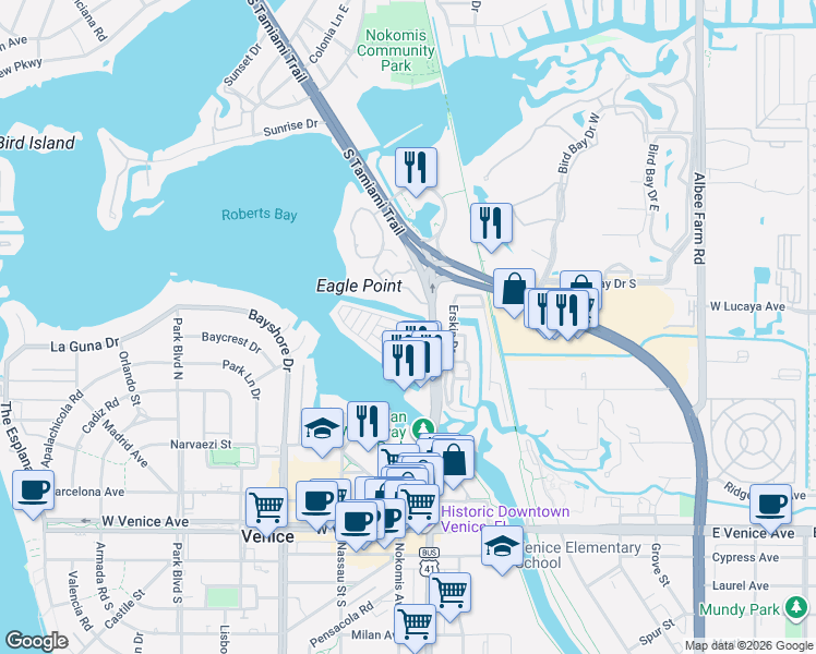 map of restaurants, bars, coffee shops, grocery stores, and more near 625 North Tamiami Trail in Venice