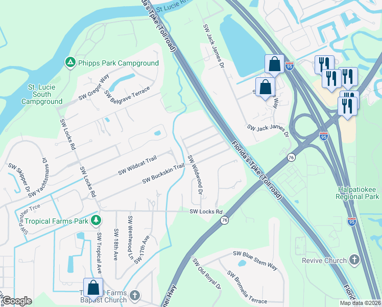 map of restaurants, bars, coffee shops, grocery stores, and more near 1287 Southwest Buckskin Trail in Stuart