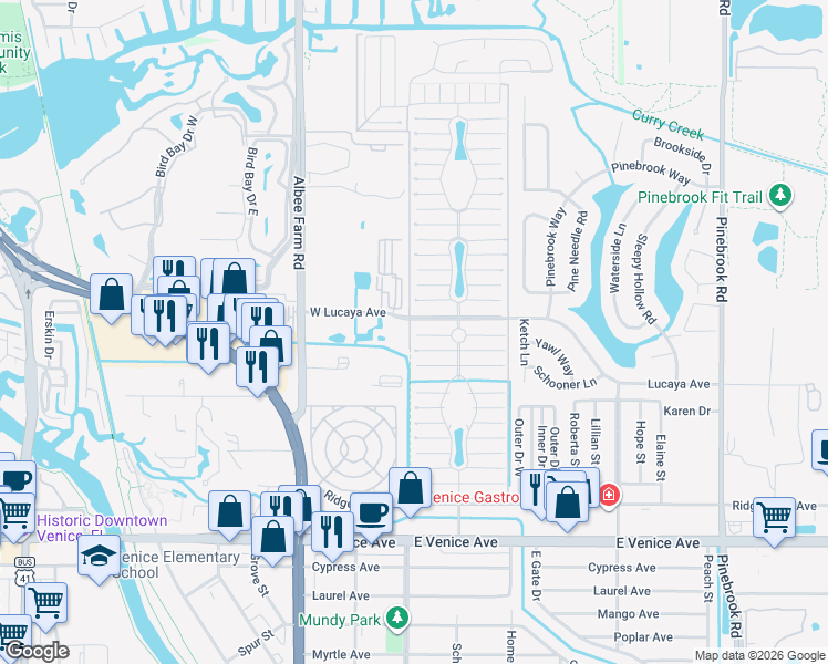 map of restaurants, bars, coffee shops, grocery stores, and more near 905 Kenoma Avenue West in Venice