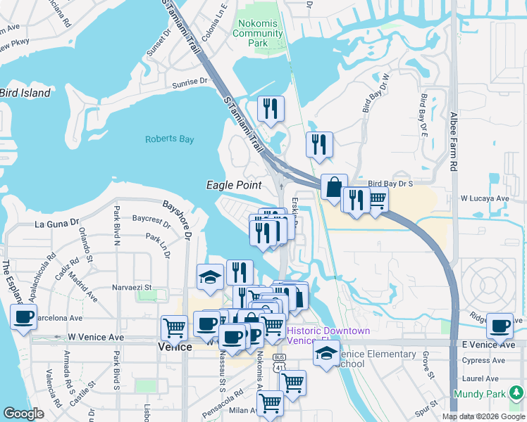 map of restaurants, bars, coffee shops, grocery stores, and more near 112 Park Boulevard North in Venice