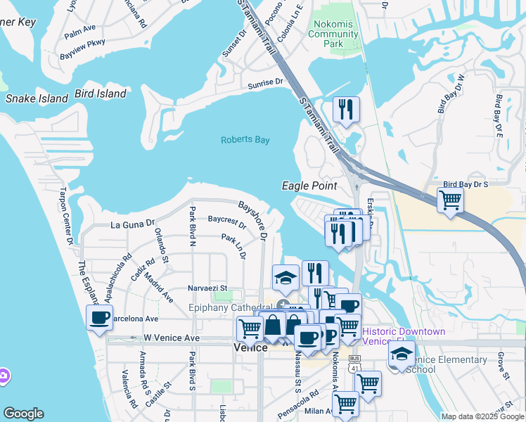 map of restaurants, bars, coffee shops, grocery stores, and more near 405 Bayshore Drive in Venice