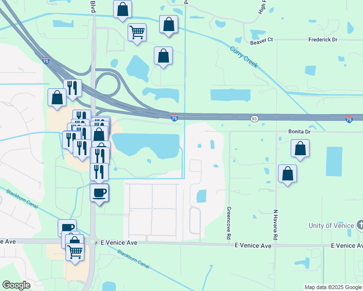 map of restaurants, bars, coffee shops, grocery stores, and more near 2624 Executive Drive in Venice