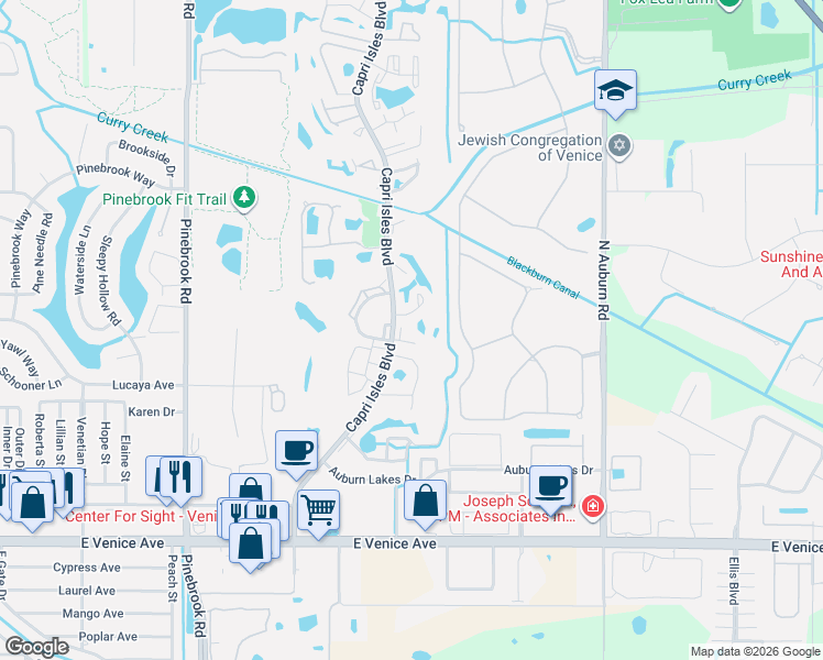 map of restaurants, bars, coffee shops, grocery stores, and more near 796 Capri Isles Boulevard in Venice
